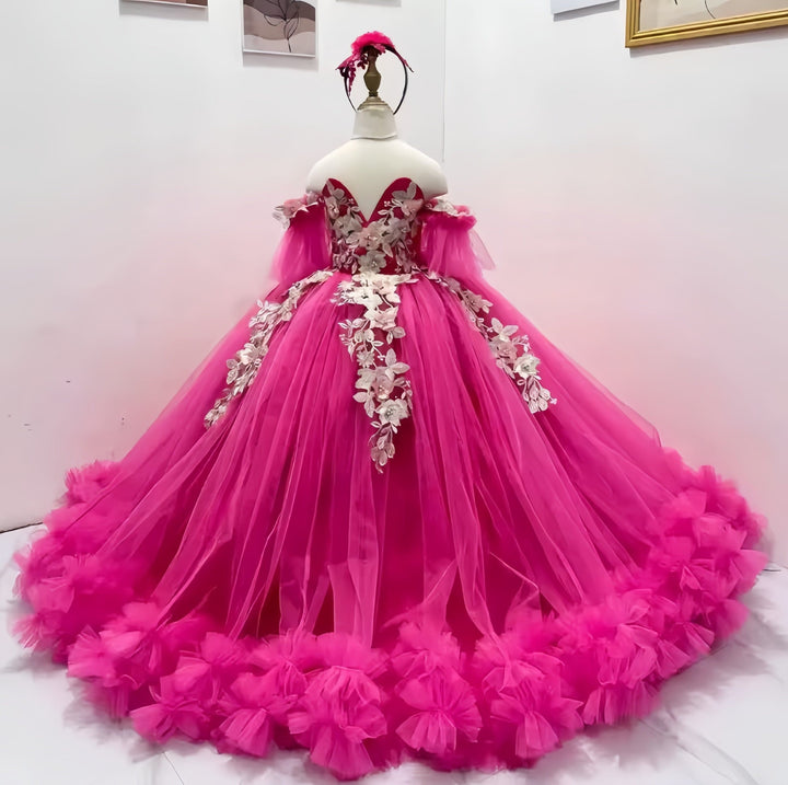 Fuchsia / 3m Sunnypetal Radiant Fuchsia Off-Shoulder Floral Appliqué Flower Girl Ball Gown