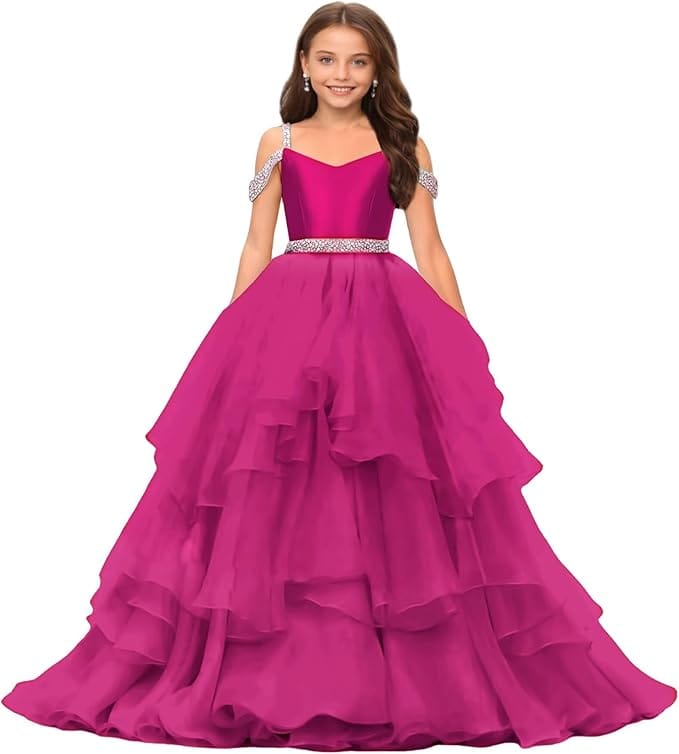 Fuchsia / 9m Sunnypetal Off-Shoulder Sweetheart Puffy Tulle Flower Girl Dress with Beaded Details