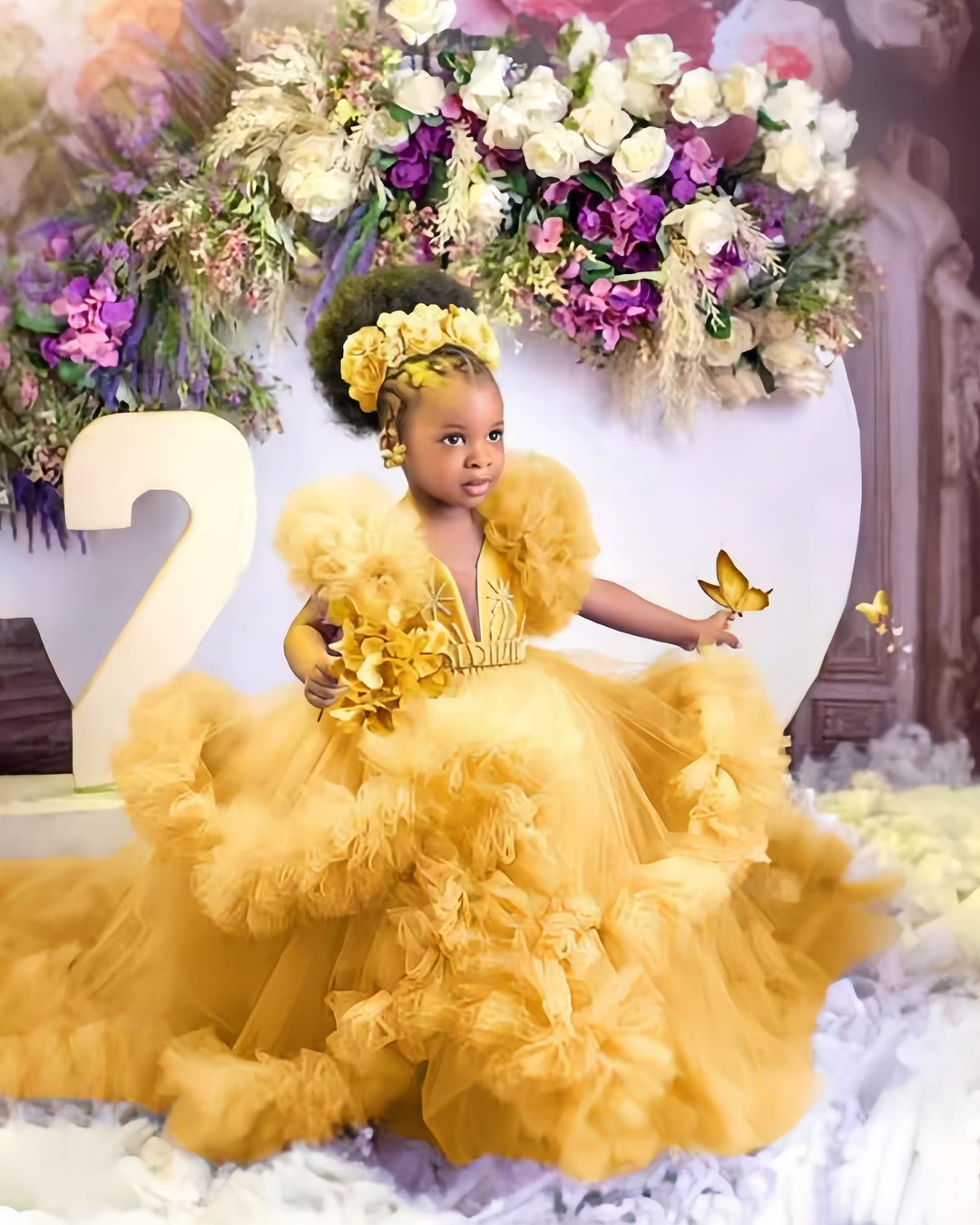 Gold / 12m Sunnypetal Lavender Ruffles Tulle Flower Girl Dresses Baby Kids Pageant Gowns