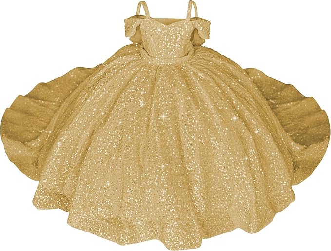 Gold / 18m Sparkly Off-Shoulder Sequin Flower Girl Pageant Dress Princess Ball Gown with Bow