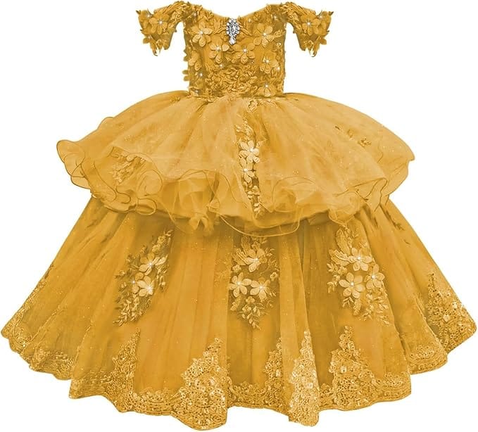 Gold / 18m Sunnypetal Elegant Off-Shoulder Tulle Ball Gown Flower Girl Dress with 3D Floral Appliqués