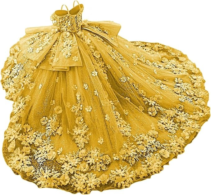 Gold / 18m Sunnypetal Exquisite Tulle Off-Shoulder Flower Girl Dress Pageant Gown with 3D Floral Appliqués