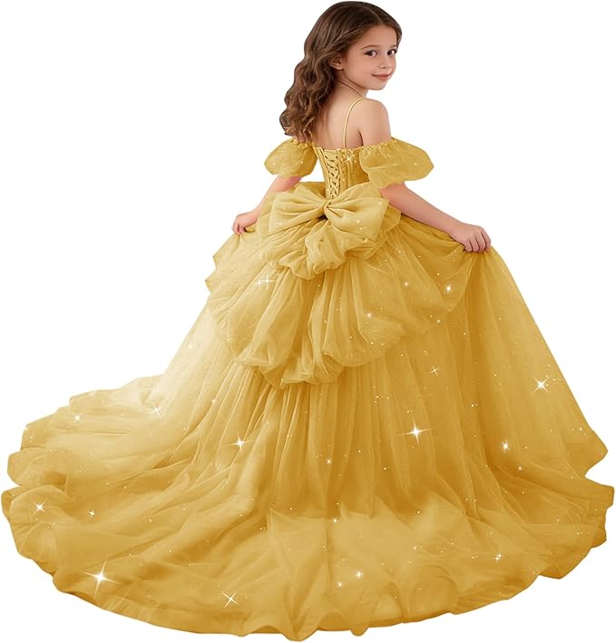 Gold / 18m Sunnypetal Girls Spaghetti Strap Glitter Tulle Ball Gown with Lace Appliqués &amp; Bow