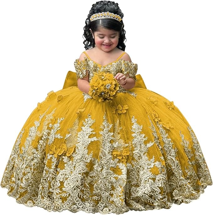 Gold / 18m Sunnypetal Gorgeous Gold Appliqués Tulle Flower Girl Ball Gown with Bow and 3D Butterflies