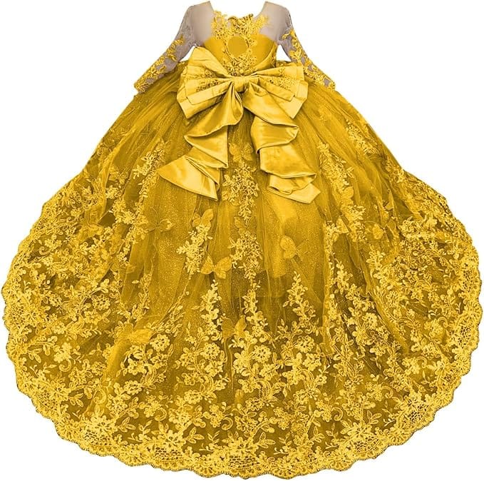 Gold / 18m Sunnypetal Lace Long Sleeve Ball Gown Flower Girl Dress with 3D Butterflies and Satin Bow