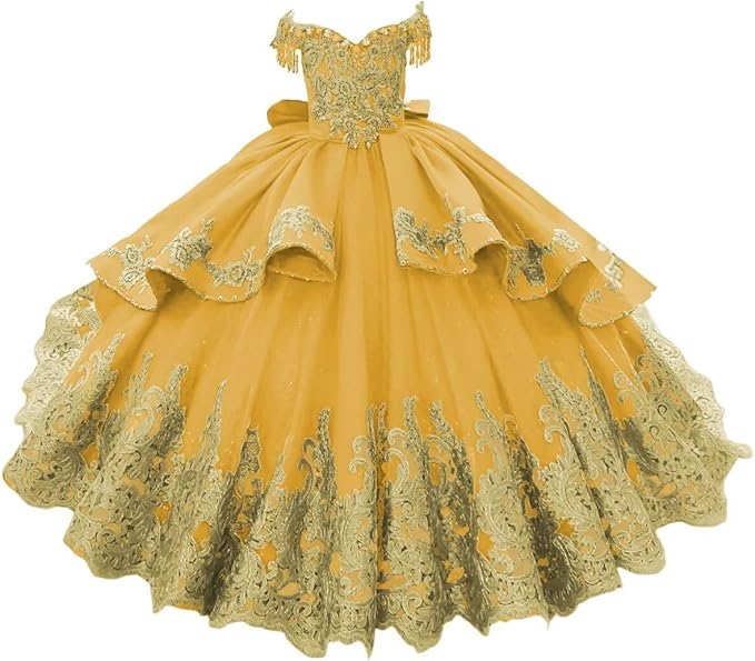 Gold / 18m Sunnypetal Luxury Royal Blue Off-Shoulder Ball Gown Flower Girl Dress with Gold Embroidery