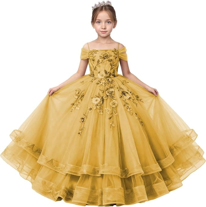 Gold / 18m Sunnypetal Off-Shoulder Floral Appliqué Tulle Flower Girl Dress for Special Occasions