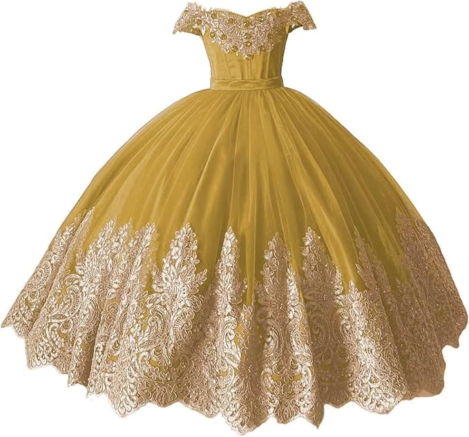 Gold / 18m Sunnypetal Off-Shoulder Gold Lace Beaded Puffy Tulle Flower Girl Gown for Special Occasions