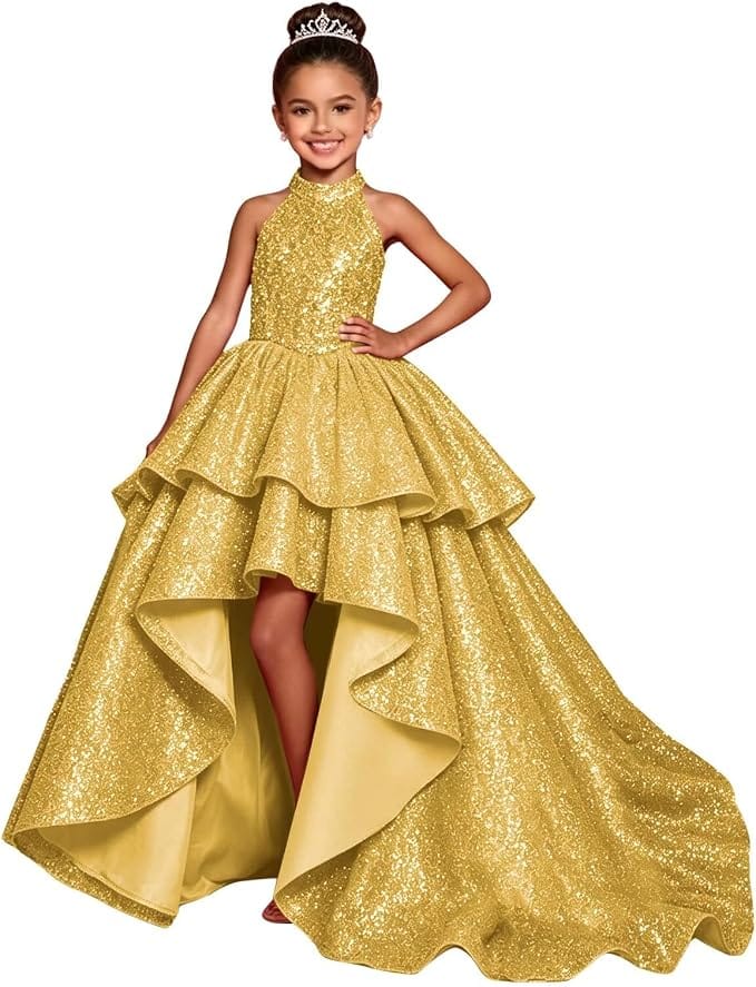 Gold / 18m Sunnypetal Sparkly Sequin Halter High Low Flower Girl Dress Pageant Gown
