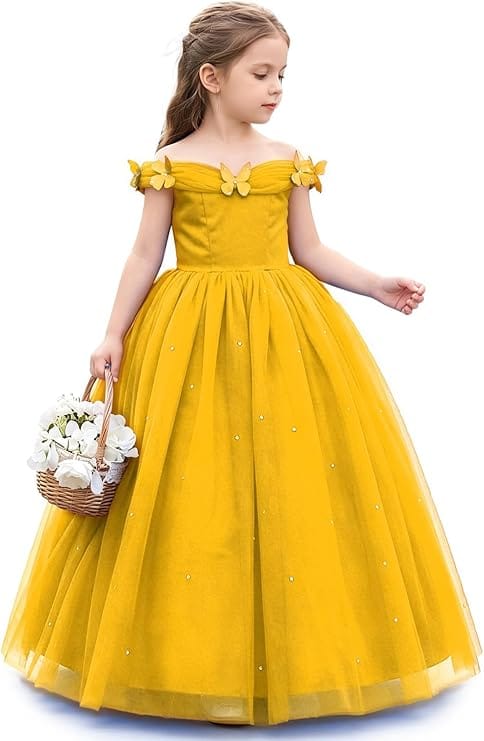 Gold / 3m Sunnypetal Off-Shoulder Ankle-Length Tulle Princess Flower Girl Dress with 3D Butterfly