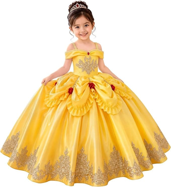 Golden / 18m Sunnypetal Elegant Golden Satin Princess Flower Girl Dress with Bow