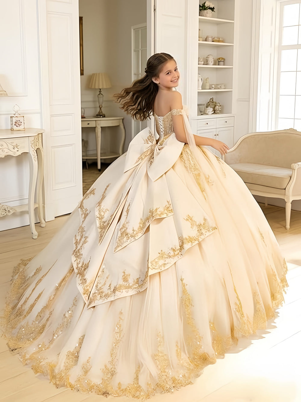 Golden Princess Off-Shoulder Ball Gown Flower Girl Dress with Lace Appliqués & Bow