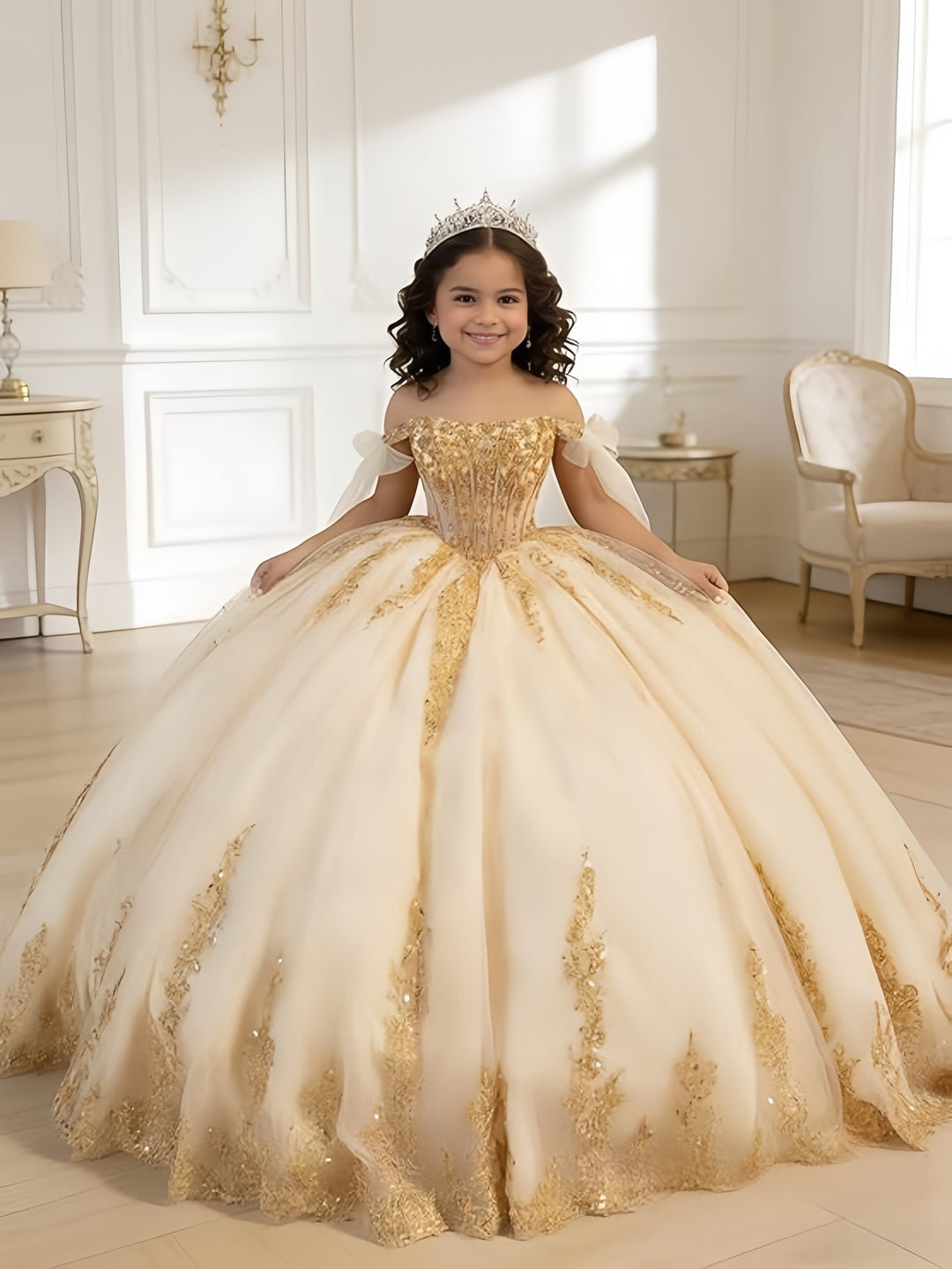 Golden Princess Off-Shoulder Ball Gown Flower Girl Dress with Lace Appliqués & Bow