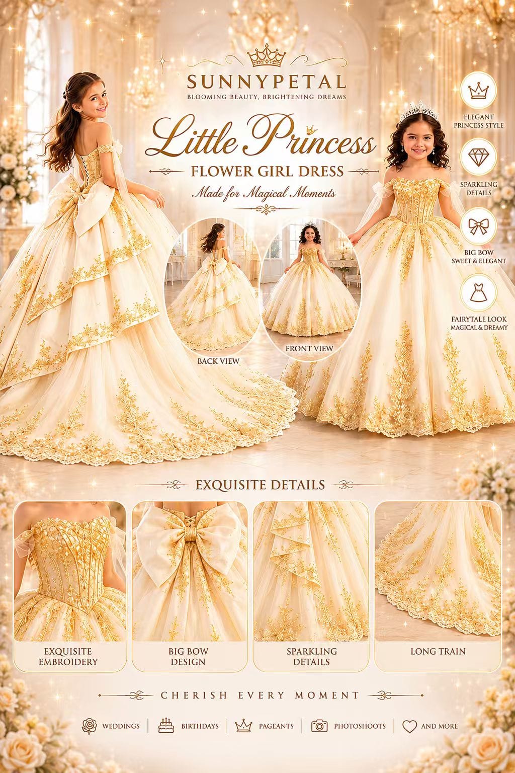 Golden Princess Off-Shoulder Ball Gown Flower Girl Dress with Lace Appliqués &amp; Bow