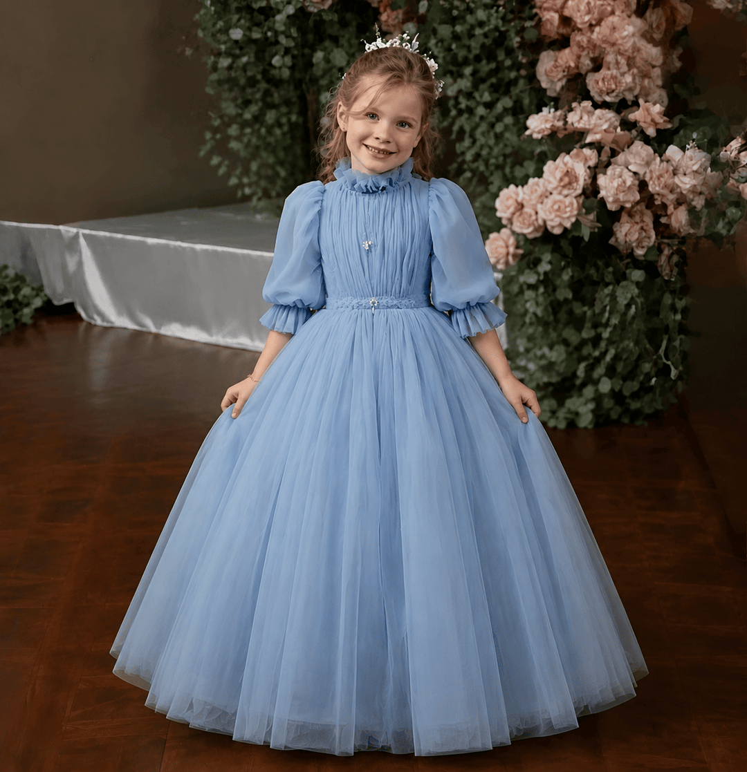 Gray Blue / 3m Dunnypetal Grey Blue Tulle High Neck Flower Girl Dress For Wedding Kids Birthday Party Gown