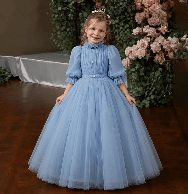 Gray Blue / 3m Dunnypetal Grey Blue Tulle High Neck Flower Girl Dress For Wedding Kids Birthday Party Gown