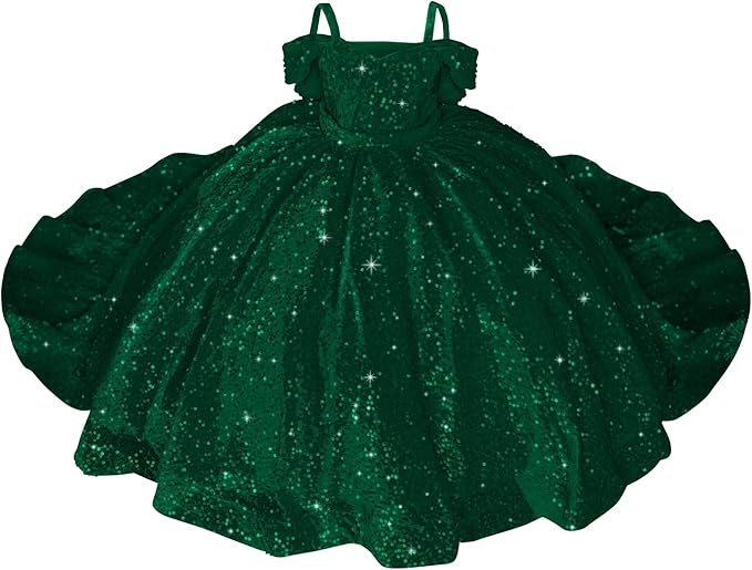 Green / 18m Sparkly Off-Shoulder Sequin Flower Girl Pageant Dress Princess Ball Gown with Bow
