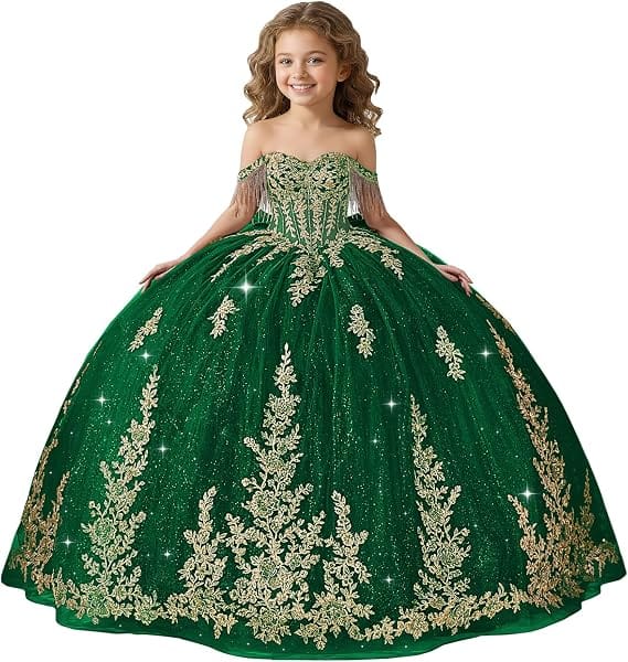 Green / 18m Sunnypetal Black Off-Shoulder Floral Embroidery Flower Girl Ball Gown