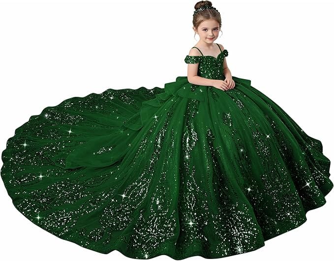 Green / 18m Sunnypetal Enchanted Blue Off-Shoulder Flower Girl Princess Ball Gown with Sparkling Appliqués