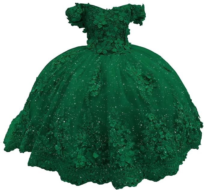 Green / 18m Sunnypetal Enchanted Ice Blue Tulle Ball Gown Flower Girl Dress with 3D Floral Appliqués