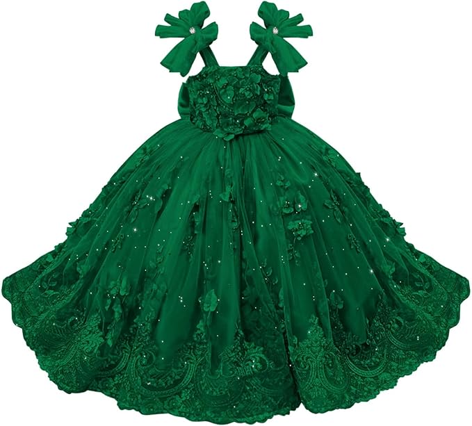 Green / 18m Sunnypetal Enchanted Mint Green Tulle Ball Gown Flower Girl Dress with 3D Floral Appliqués
