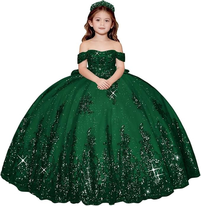 Green / 18m Sunnypetal Enchanted Off-Shoulder Tulle Ball Gown Flower Girl Dress with Lace Appliqués