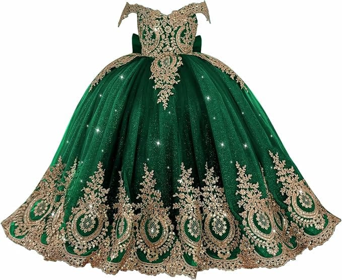 Green / 18m Sunnypetal Exquisite Gold Appliqué Off-Shoulder Princess Flower Girl Dress with Bow