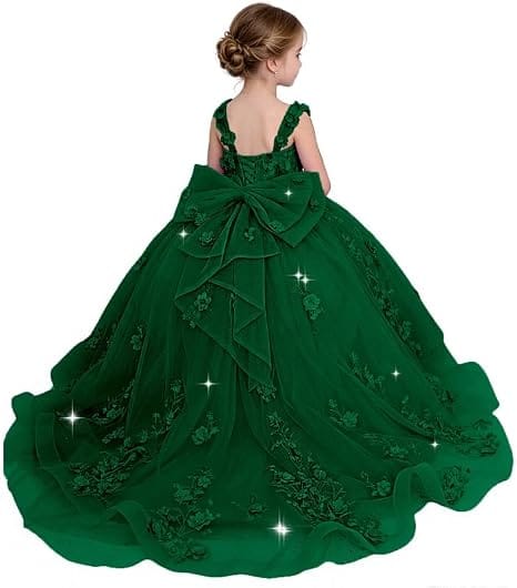 Green / 18m Sunnypetal Exquisite Off-Shoulder 3D Floral Glitter Tulle Ball Gown Flower Girl Dress with Bow