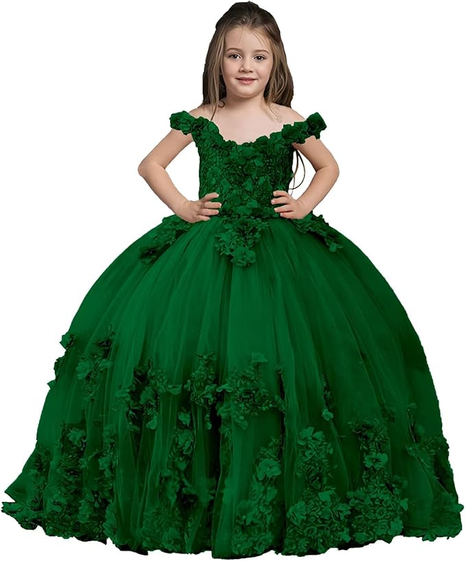 Green / 18m Sunnypetal Exquisite Off-Shoulder Tulle 3D Floral Flower Girl Princess Dress with Satin Bow