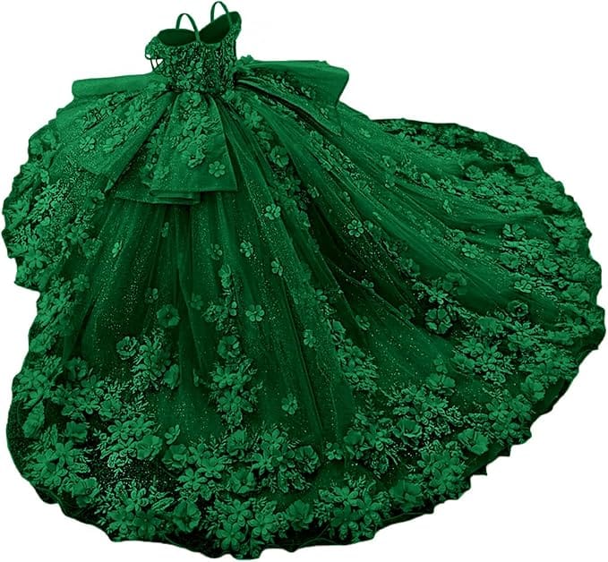 Green / 18m Sunnypetal Exquisite Tulle Off-Shoulder Flower Girl Dress Pageant Gown with 3D Floral Appliqués