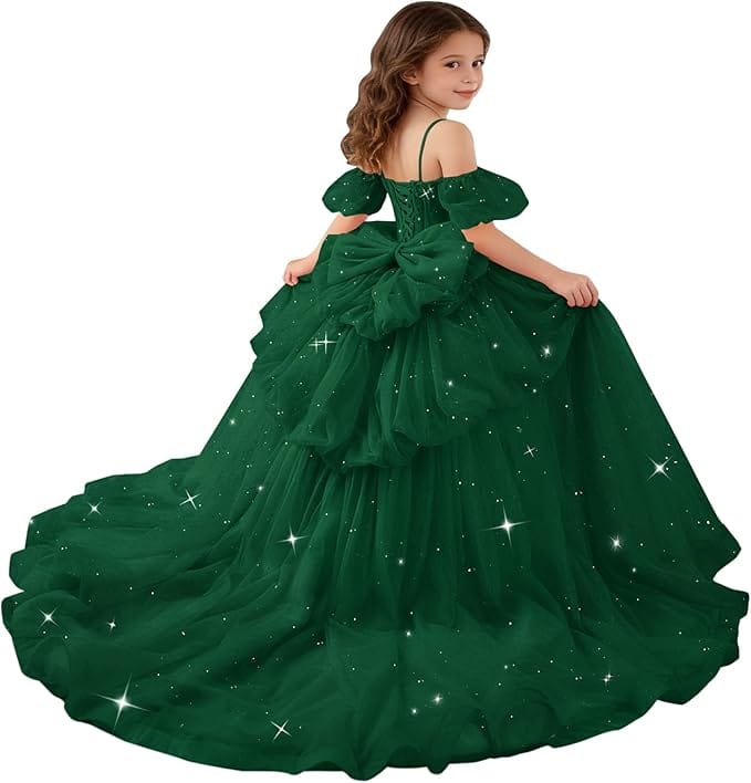 Green / 18m Sunnypetal Girls Spaghetti Strap Glitter Tulle Ball Gown with Lace Appliqués &amp; Bow
