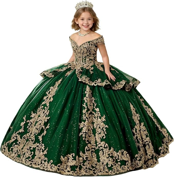 Green / 18m Sunnypetal Gold Applique Off Shoulder Flower Girl Dress with Tassels Crystal &amp; Bow