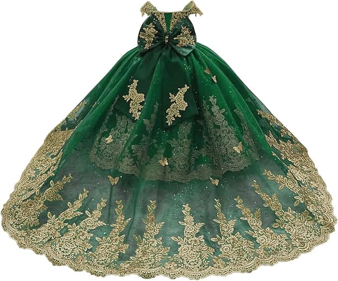 Green / 18m Sunnypetal Gorgeous Off-Shoulder Sweetheart Tulle Flower Girl Dress with Gold Embroidery