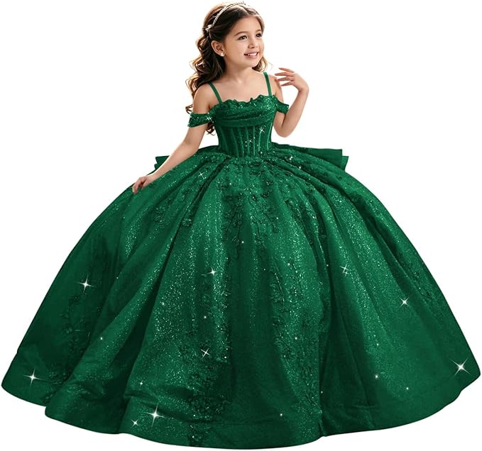 Green / 18m Sunnypetal Luxury Glitter Tulle Off-Shoulder Ball Gown Flower Girl Dress with Train