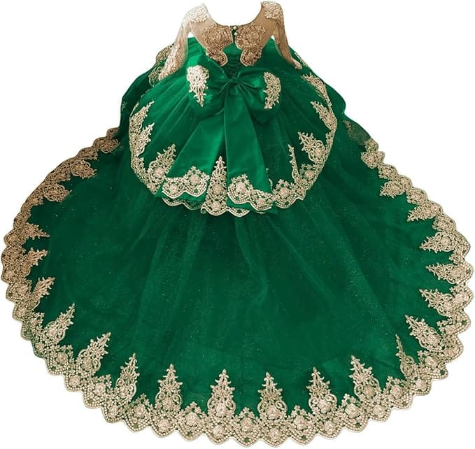 Green / 18m Sunnypetal Luxury Gold Lace Appliqué Tulle Ball Gown Flower Girl Dress with Royal Train