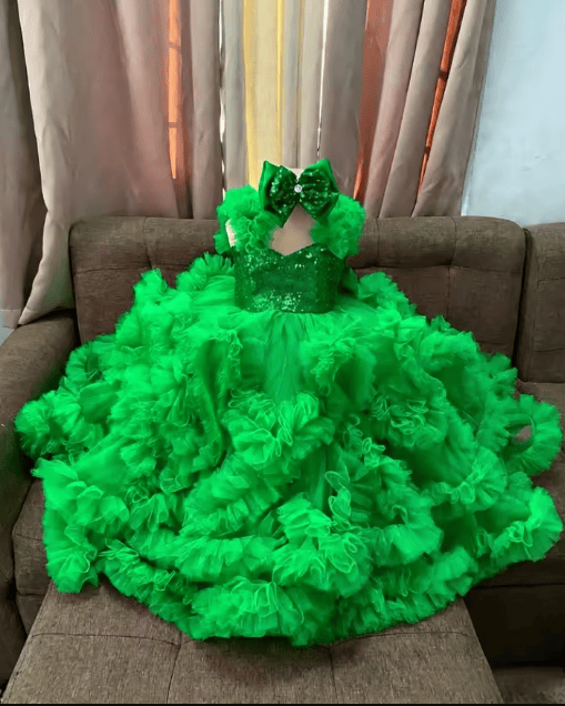 Green / 18m Sunnypetal Luxury Hot Pink Ruffle Tulle Flower Girl Ball Gown with Sequin Bow