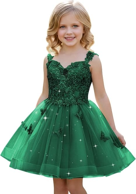 Green / 18m Sunnypetal Luxury Mint Green Butterfly Lace Flower Girl Dress