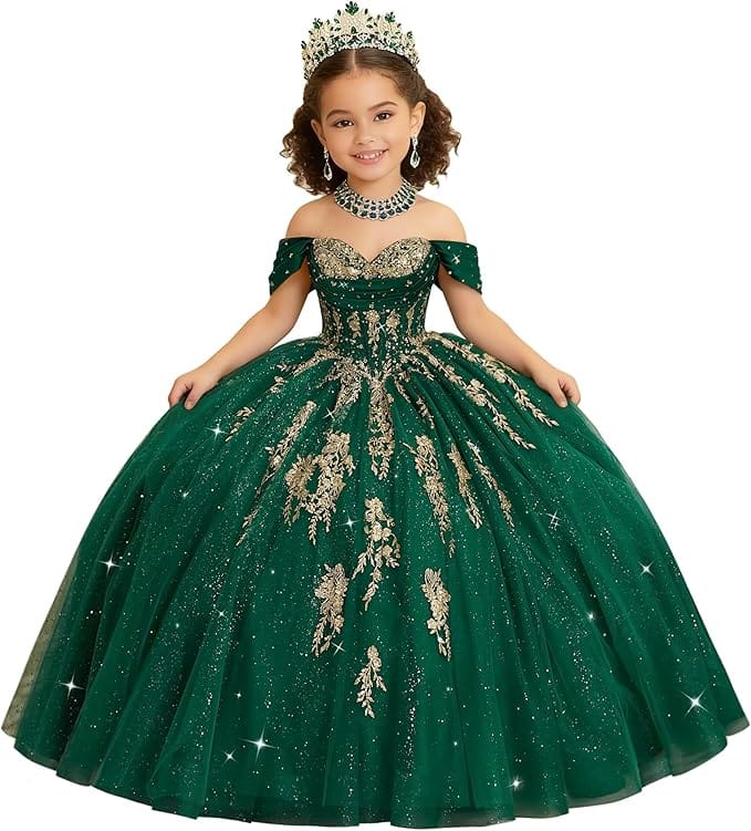 Green / 18m Sunnypetal Luxury Off-Shoulder Gold Lace Applique Princess Flower Girl Ball Gown Dress