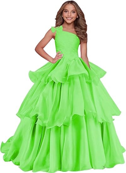 Green / 18m Sunnypetal Luxury One-Shoulder Puffy Organza Flower Girl Dress Princess Pageant Gown