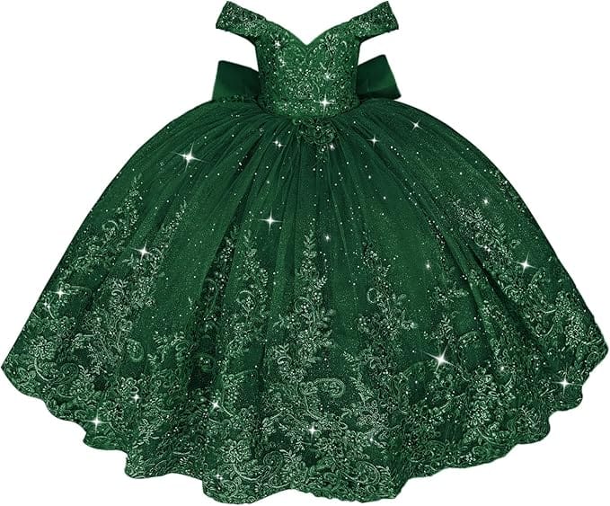 Green / 18m Sunnypetal Off Shoulder Sweetheart Lace Tulle Flower Girl Pageant Dress with Bow