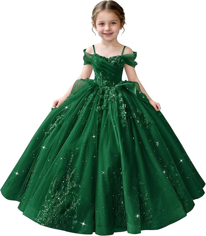 Green / 18m Sunnypetal Off-Shoulderl 3D Lace Appliqué Tiered Ruffle Flower Girl Dress for Pageant
