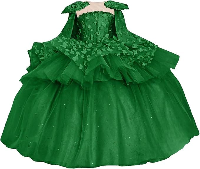 Green / 18m Sunnypetal Princess Pink Tulle Ball Gown Flower Girl Dress with Butterfly Appliqués and Cape