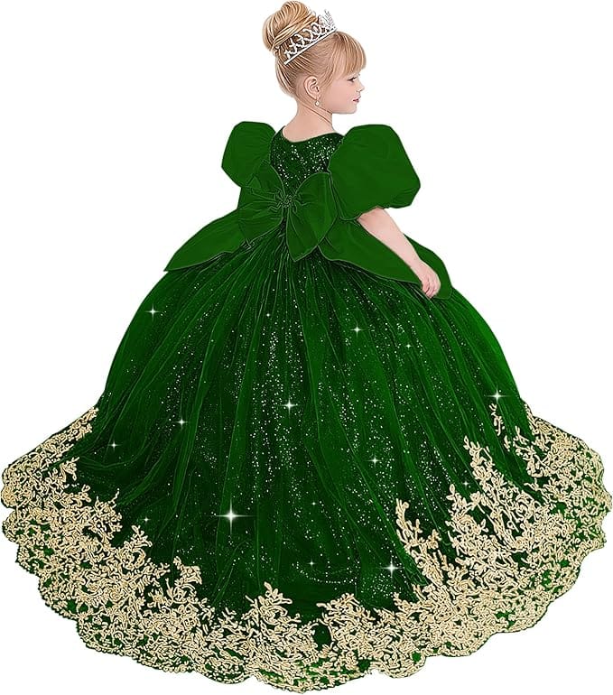 Green / 18m Sunnypetal Princess Sky Blue Tulle Lace Flower Girl Dress with Bow and Puff Sleeves