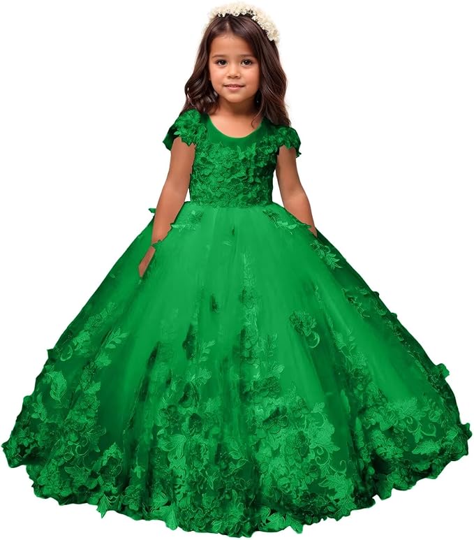 Green / 18m Sunnypetal Romantic Blush Floral Lace Tulle Flower Girl Ball Gown