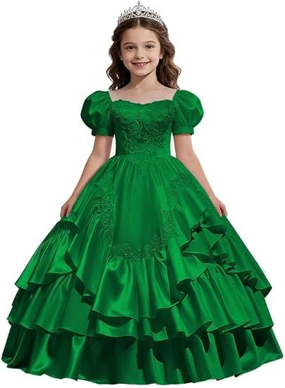 Green / 18m Sunnypetal Satin Sweetheart Neck Puffy Sleeve Lace Applique Princess Flower Girl Dress