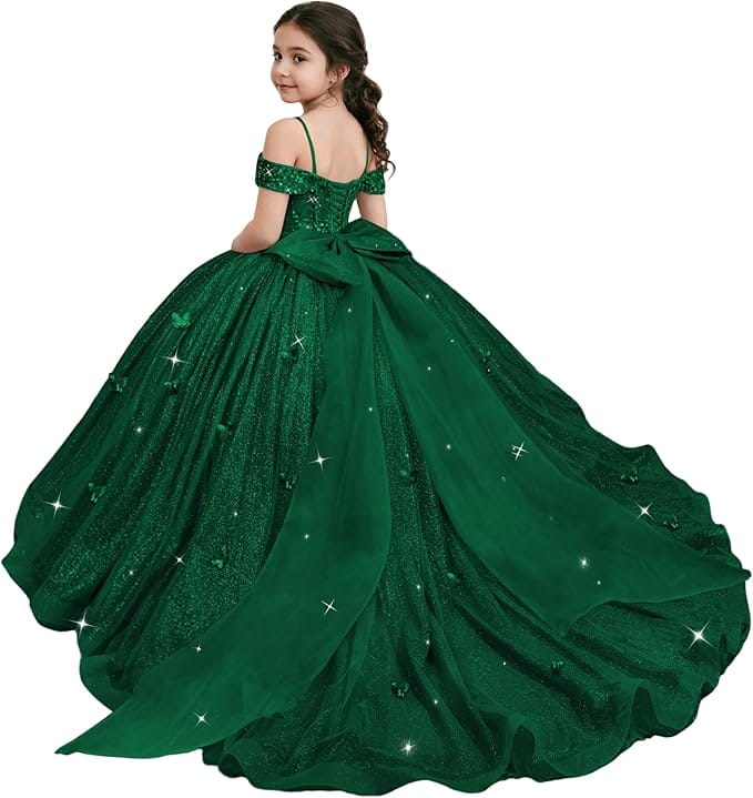 Green / 18m Sunnypetal Sparkling Off-Shoulder Glitter Tulle Flower Girl Dress with Oversized Bow