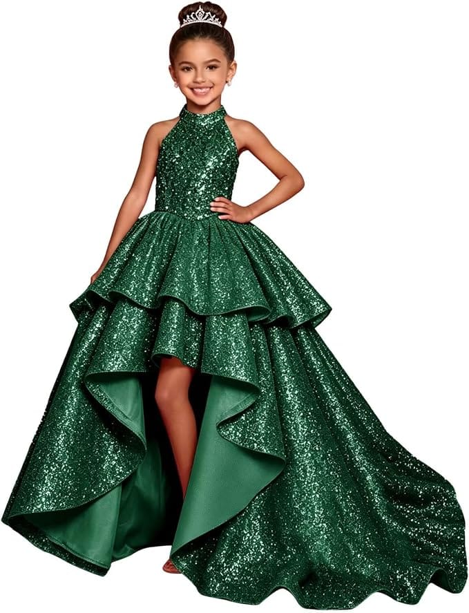 Green / 18m Sunnypetal Sparkly Sequin Halter High Low Flower Girl Dress Pageant Gown