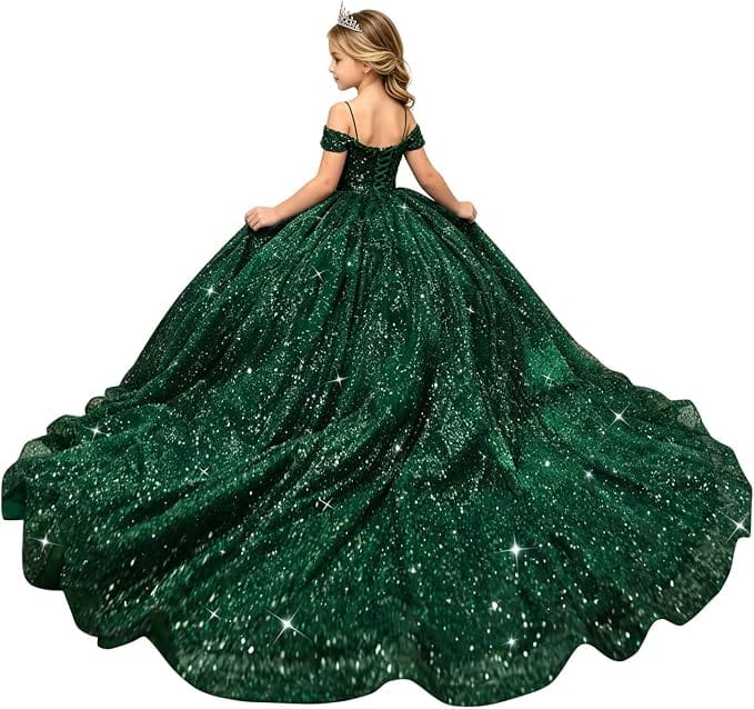 Green / 18m Sunnypetal Sparkly Sequin Off-Shoulder Princess Ball Gown Flower Girl Dress for Pageant