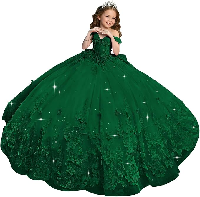 Green / 18m Sunnypetal Sweetheart Neck 3D Butterfly Tulle Flower Girl Dress with Big Bow
