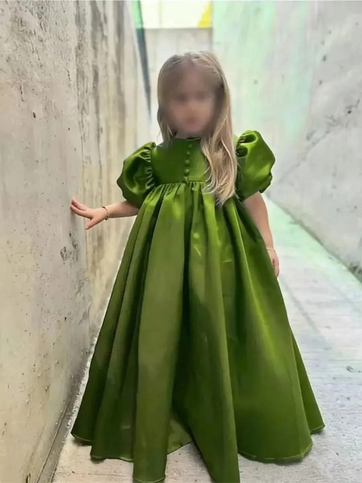 Green / 3m Sunnypetal Elegant Puffy Sleeve Satin Floor-Length Princess Flower Girl Dresses